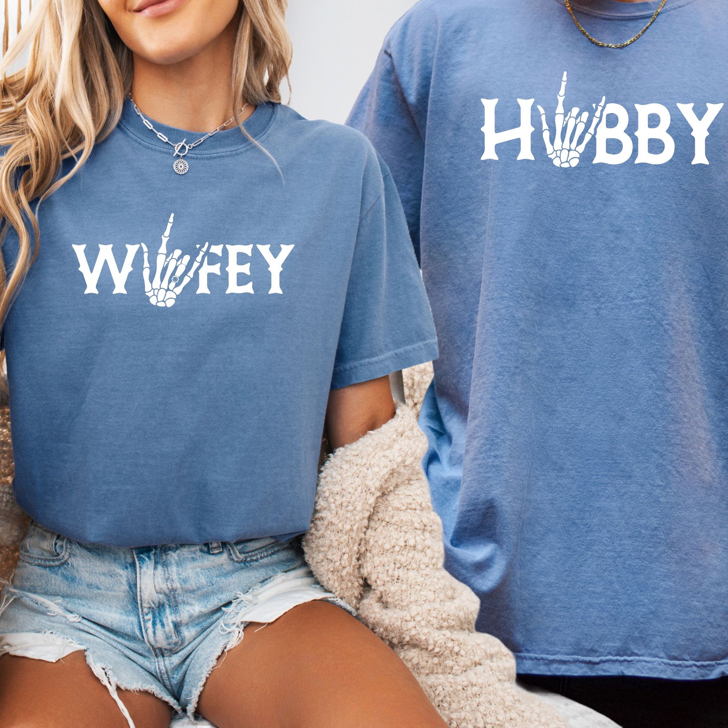 Comfort Colors® Couple Halloween Shirt, Couple Wifey Hubby Shirt,Skeleton Hand Shirt, Fall Engagement Shirt, Halloween Bach, Bride or Die