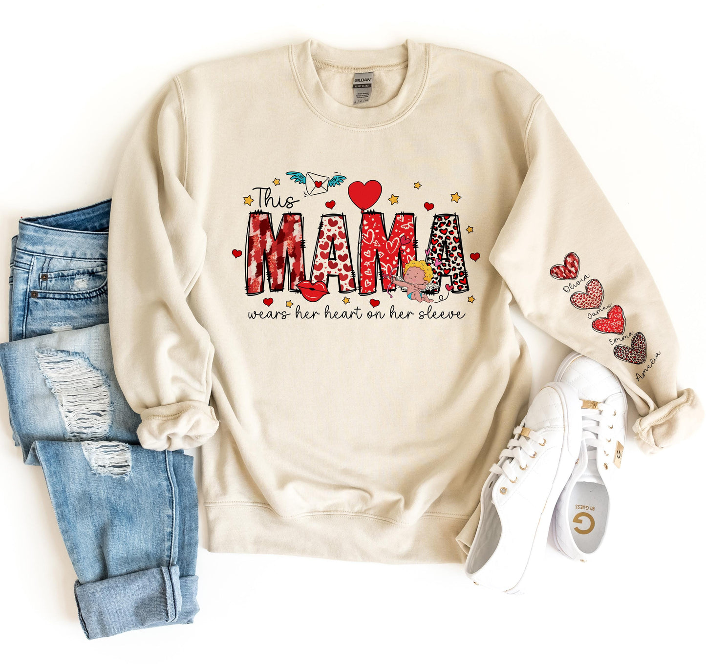 Personalized Mama Sweatshirt - Heart on Sleeve Design for Mom, Nana, and More! Custom Mama Sweatshirt - Family Names Heart Sleeve Design