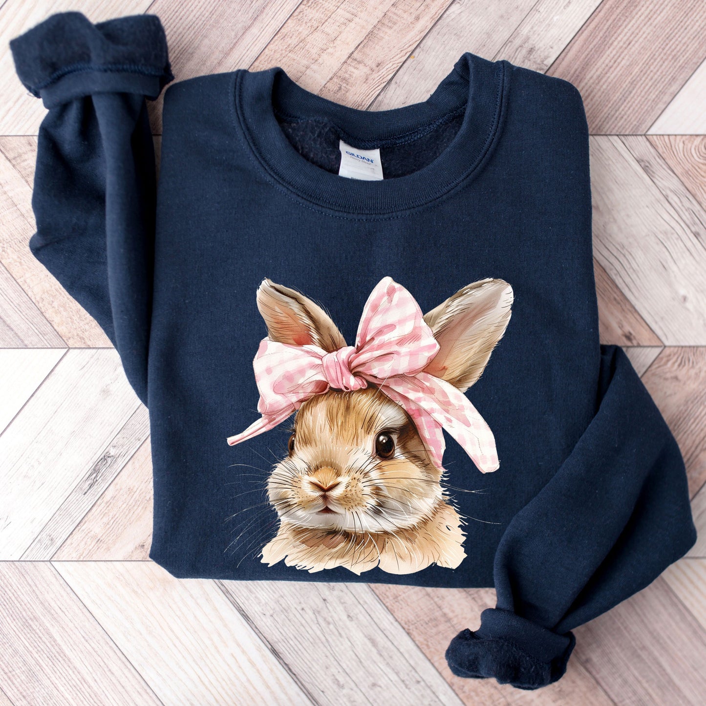 Coquette Easter Bunny Crewneck Sweatshirt | Retro Gingham Bow Bunny Pullover