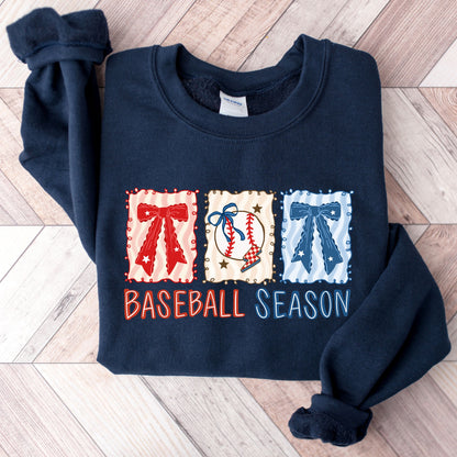 Coquette Baseball Season Crewneck Sweatshirt | Retro Bows Baseball Pullover