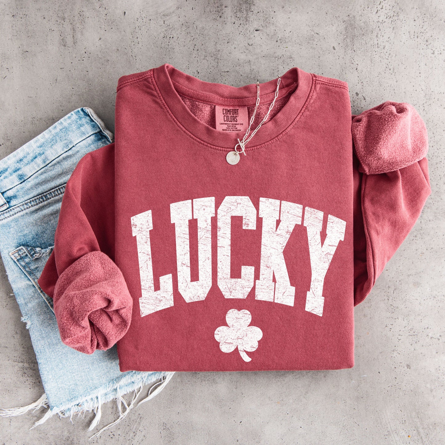 Lucky Shamrock Sweatshirt – Vintage Style St. Patrick’s Day Lucky Crewneck, Distressed Lucky Unisex Pullover