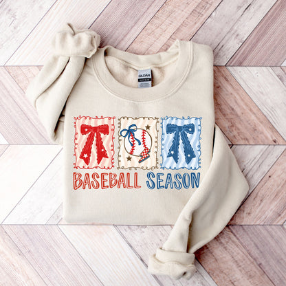 Coquette Baseball Season Crewneck Sweatshirt | Retro Bows Baseball Pullover