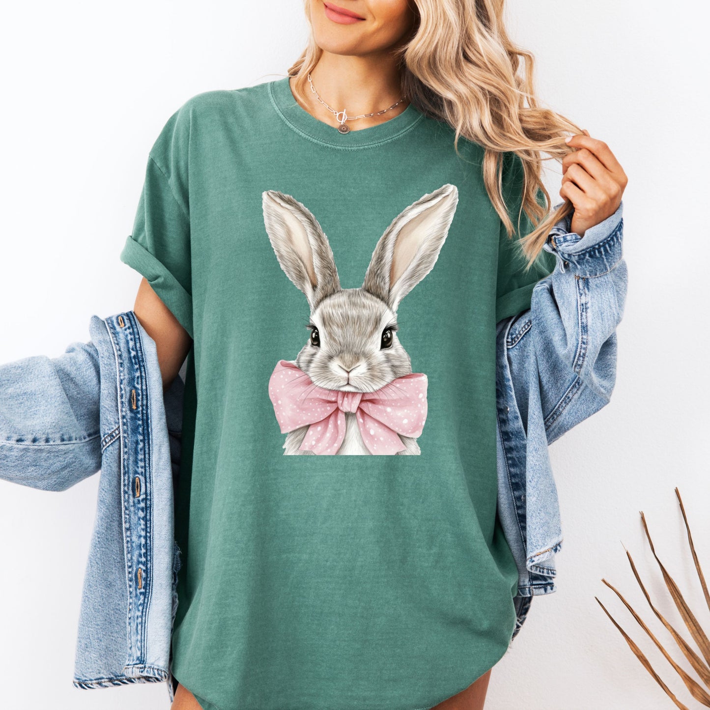 Easter Bunny Crewneck T-Shirt - Hand-Drawn Rabbit with Pink Polka Dot Bow - Spring Aesthetic Apparel