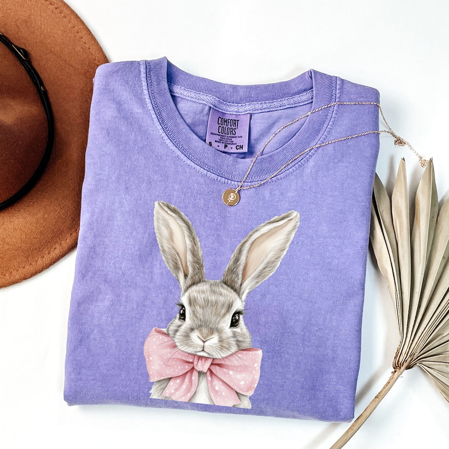 Easter Bunny Crewneck T-Shirt - Hand-Drawn Rabbit with Pink Polka Dot Bow - Spring Aesthetic Apparel