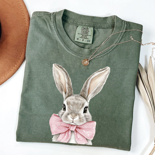 Easter Bunny Crewneck T-Shirt - Hand-Drawn Rabbit with Pink Polka Dot Bow - Spring Aesthetic Apparel