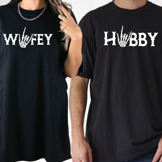 Comfort Colors®  Couple Halloween Shirt, Couple Wifey Hubby Shirt,Skeleton Hand Shirt, Fall Engagement Shirt, Halloween Bach, Bride or Die