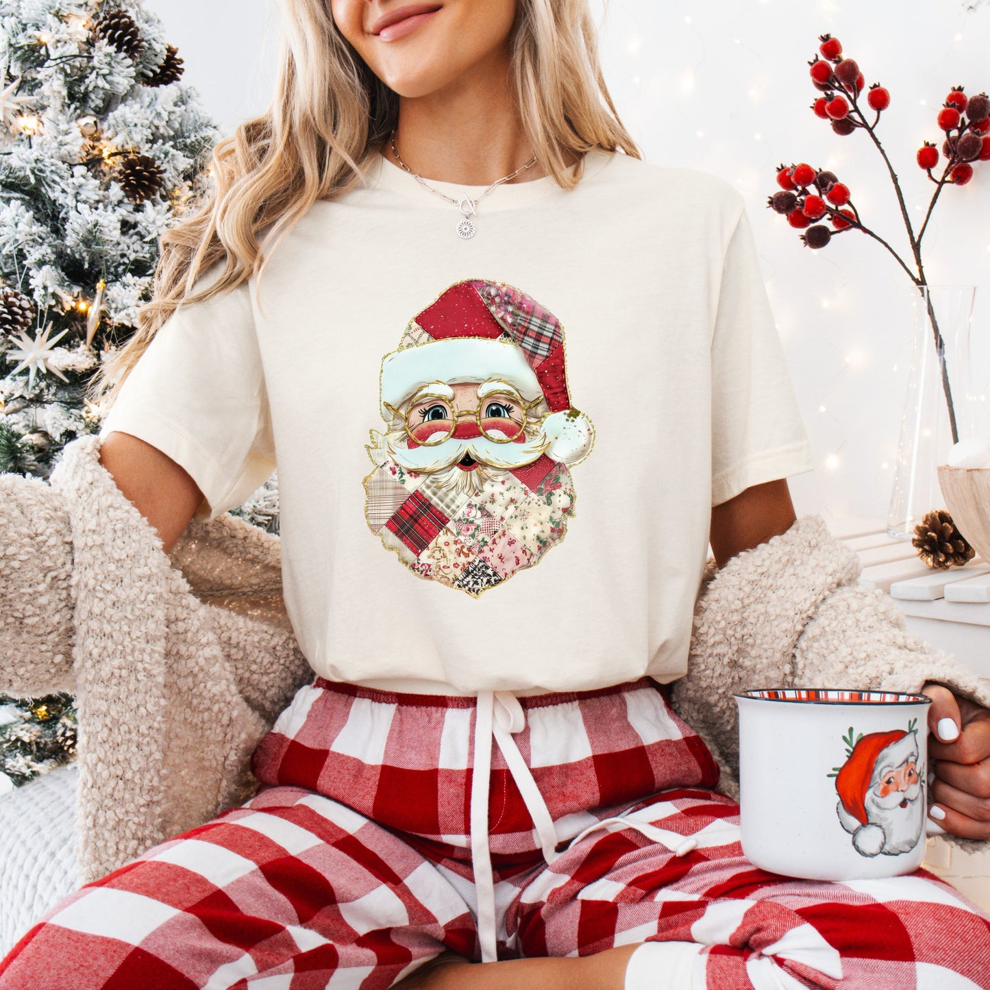 Faux Patchwork Santa T-Shirt | Vintage Quilted Look Christmas Shirt | Cozy Holiday Tee | Buffalo Plaid Santa Claus Graphic | Cute Xmas Gift