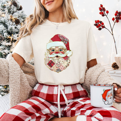 Faux Patchwork Santa T-Shirt | Vintage Quilted Look Christmas Shirt | Cozy Holiday Tee | Buffalo Plaid Santa Claus Graphic | Cute Xmas Gift