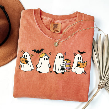 Comfort Colors® Ghost Reading Books Shirt, Bookish Halloween Shirt, Teacher Librarian Halloween Gift, Halloween Book Lover, Halloween School