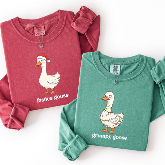 Comfort Colors® Funny Christmas Couple Long Sleeve Shirt, Matching Festive Goose & Grumpy Goose Tee, Holiday Husband Wife Gift, Humor Xmas