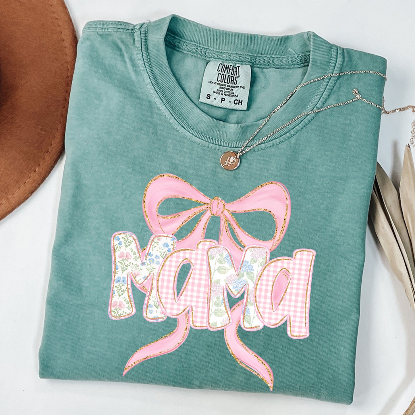 Floral Mama Shirt , Mom Spring Tee ,Trendy Mom Tshirt, Women's Flower Mama Shirt ,Pregnancy Reveal Gift ,Blue Pink Bow Shirt