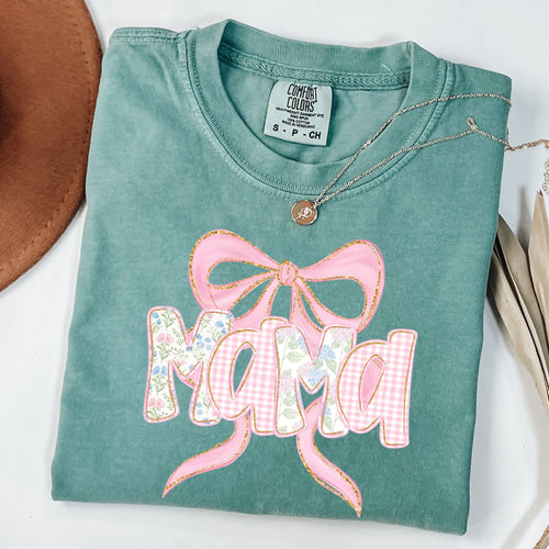 Floral Mama Shirt , Mom Spring Tee ,Trendy Mom Tshirt, Women's Flower Mama Shirt ,Pregnancy Reveal Gift ,Blue Pink Bow Shirt