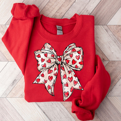 Valentine Bow Sweatshirt – Cute Heart Ribbon Graphic Pullover, Cozy Valentine’s Day Gift for Her