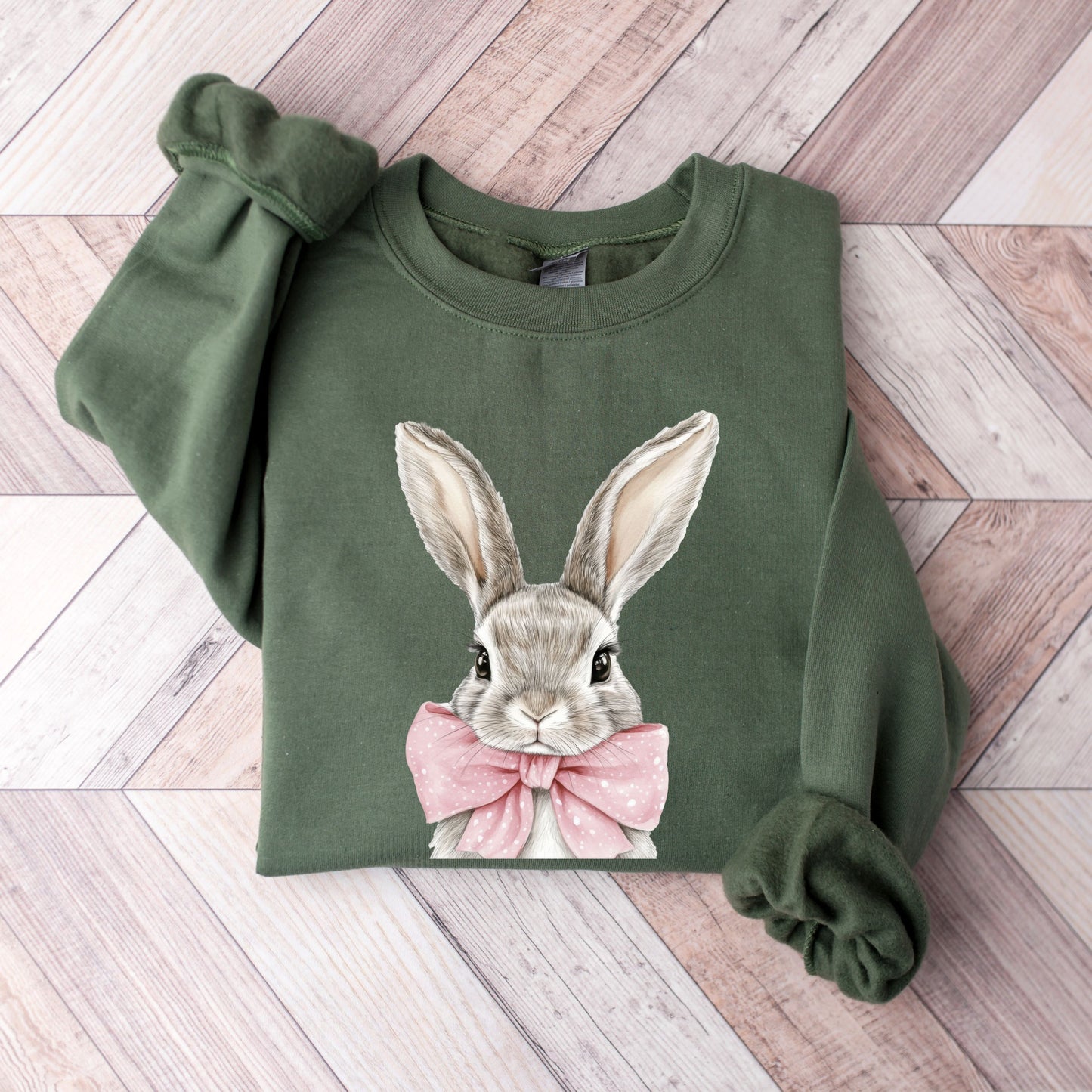Cute Easter Bunny Sweatshirt - Hand-Drawn Rabbit with Pink Bow Crewneck - Spring Holiday Pullover