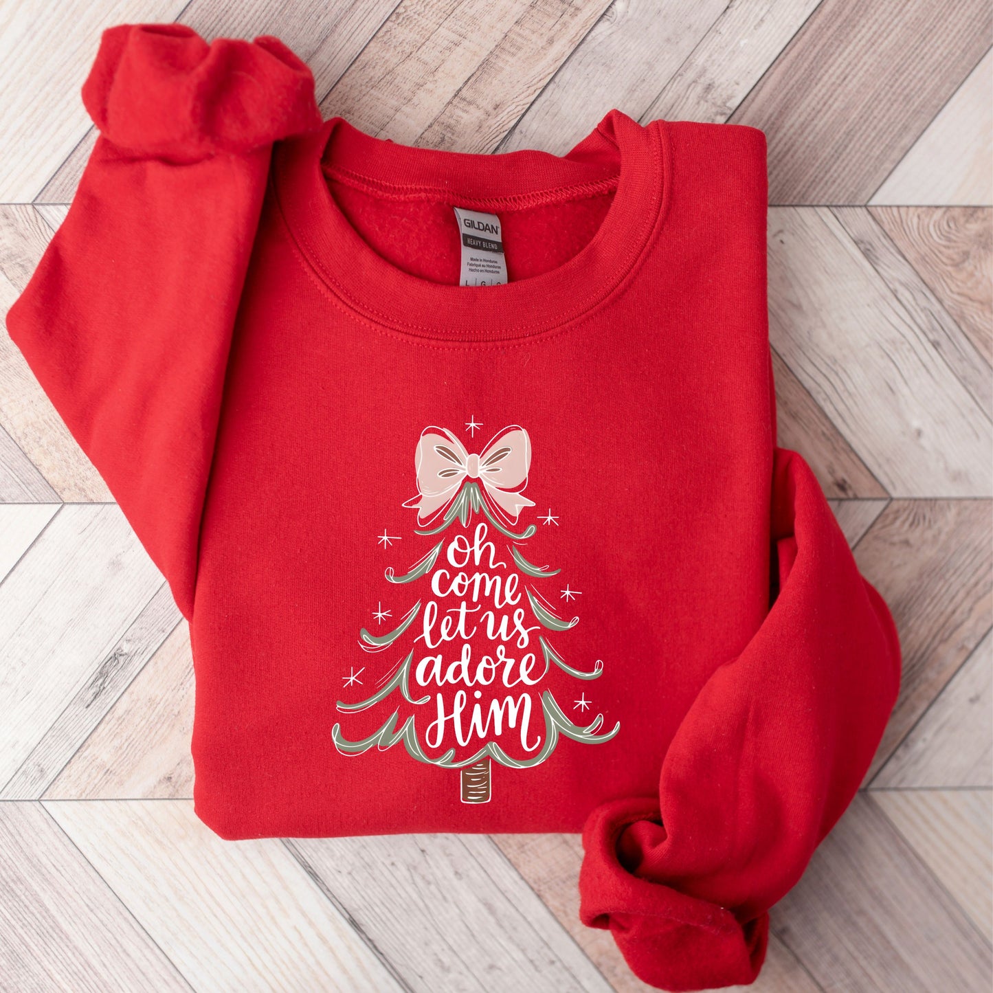 Oh Come Let Us Adore Him Sweatshirt, Christian Christmas Sweater, Pink Coquette Bow Christmas Tree, Religious Holiday Crewneck Nativity Gift