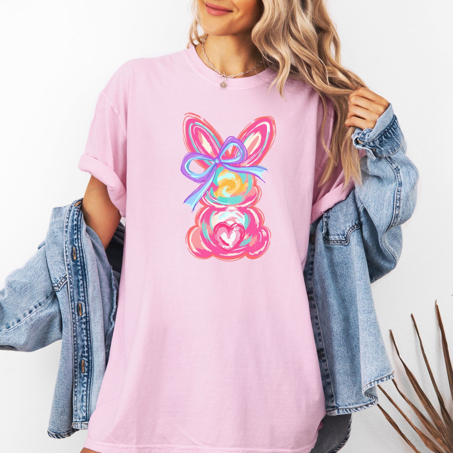 Brushstroke Bunny Easter Shirt, Bunny Coquette Bow T-Shirt, Pastel Spring Aesthetic Tee, Whimsical Rabbit Graphic Shirt, Colorful Floral Bunny Art Top