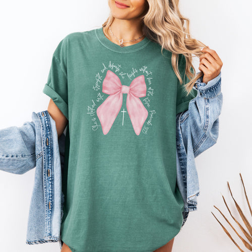 Christian Pink  Bow Bible Verse Faith Shirt, She is Clothed with Strength and Dignity Tee - Proverbs 31:25 Coquette Bow T-Shirt