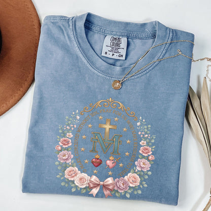 Marian Cross Catholic T-Shirt • Miraculous Medal Floral Tee • Virgin Mary Shirt • Religious Gift for Women • Blessed Mother Floral Tee
