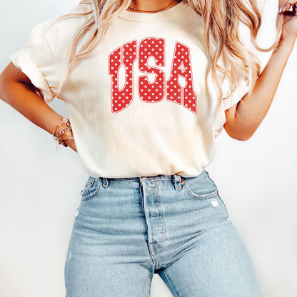 USA Polka Dot Shirt, Patriotic Fourth of July Tee, Vintage USA Graphic T-Shirt, 250th Years of Freedom Shirt, USA Gingham Tee