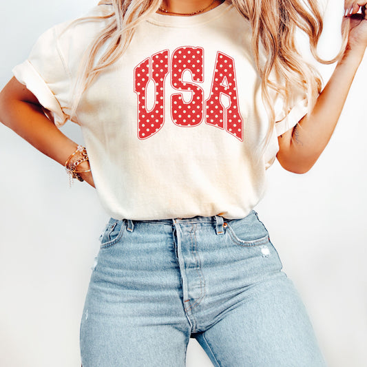 USA Polka Dot Shirt, Patriotic Fourth of July Tee, Vintage USA Graphic T-Shirt, 250th Years of Freedom Shirt, USA Gingham Tee