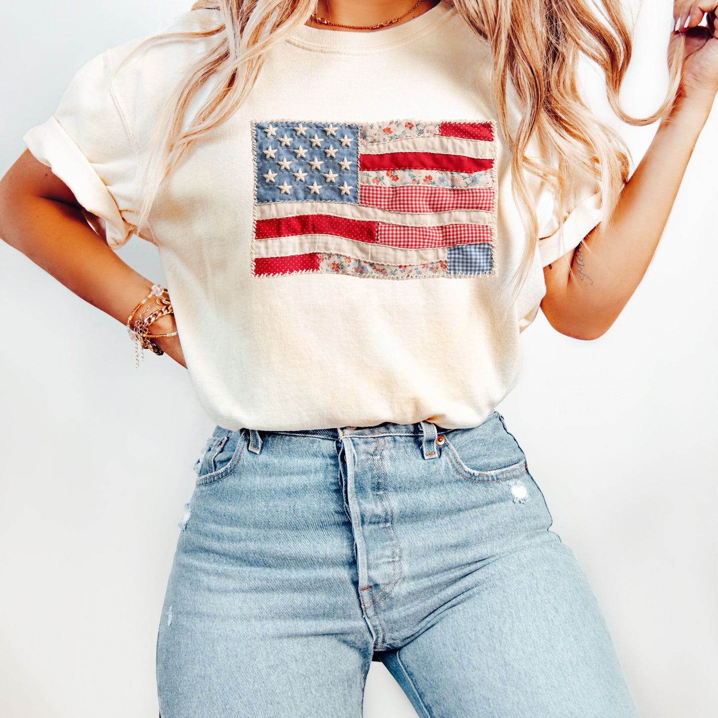 Faux Patchwork American Flag Shirt, Patriotic Fourth of July Tee, Vintage Faux Quilted USA Graphic T-Shirt