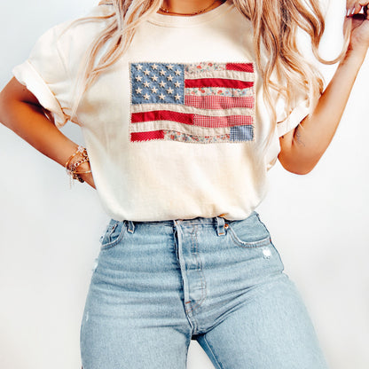 Faux Patchwork American Flag Shirt, Patriotic Fourth of July Tee, Vintage Faux Quilted USA Graphic T-Shirt