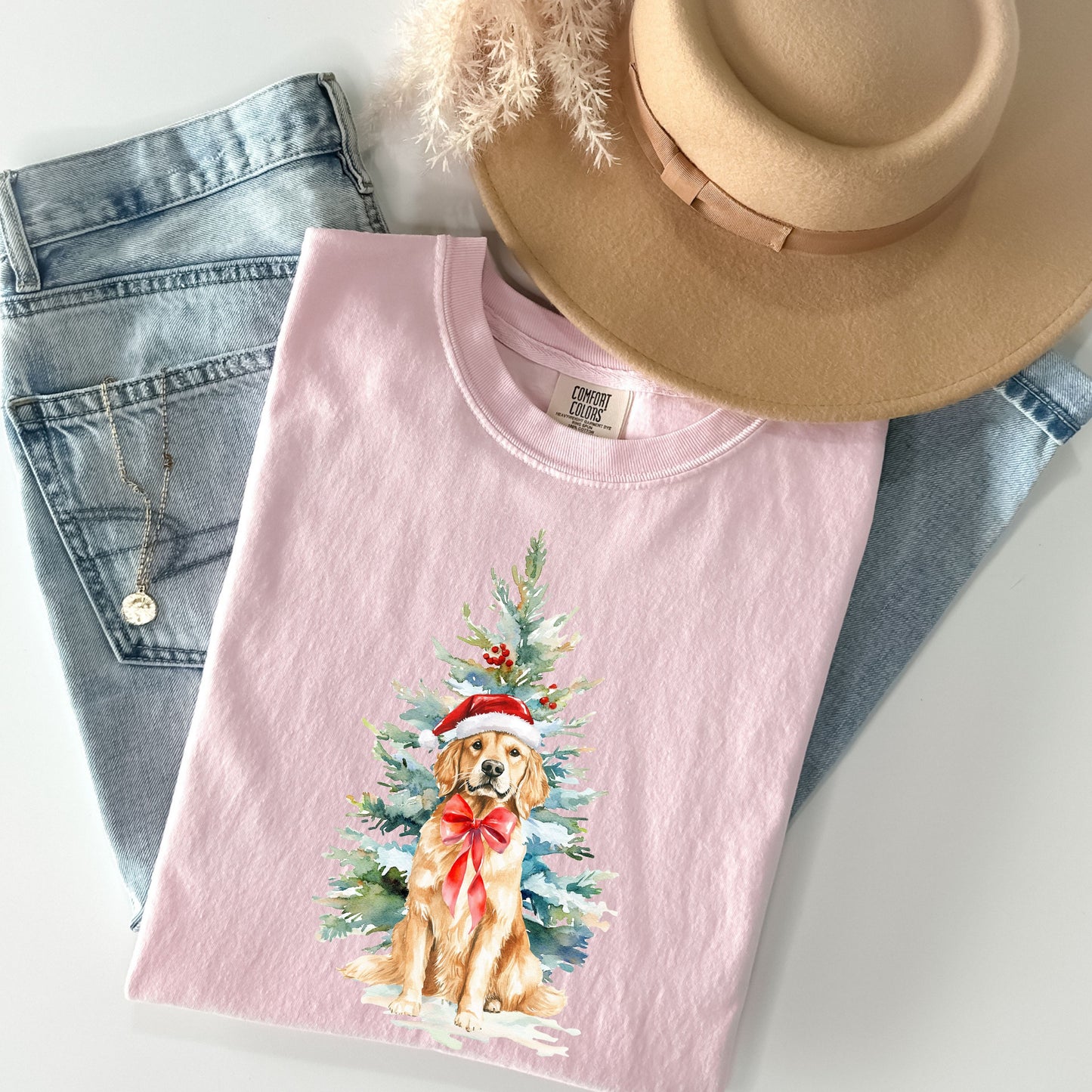 Watercolor Christmas Golden Retriever Dog Santa Hat Shirt, Coquette Preppy Drew Doodles Christmas Tree, Comfort Colors® Christmas Dog Shirt
