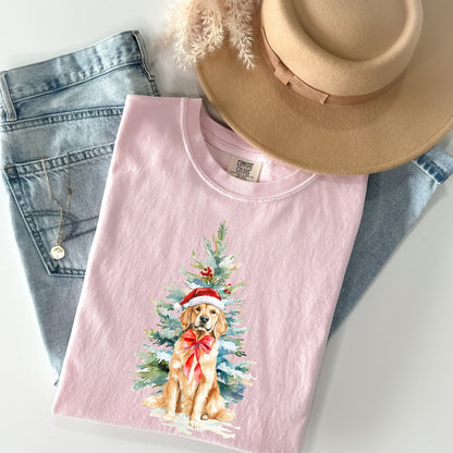 Watercolor Christmas Golden Retriever Dog Santa Hat Shirt, Coquette Preppy Drew Doodles Christmas Tree, Comfort Colors® Christmas Dog Shirt