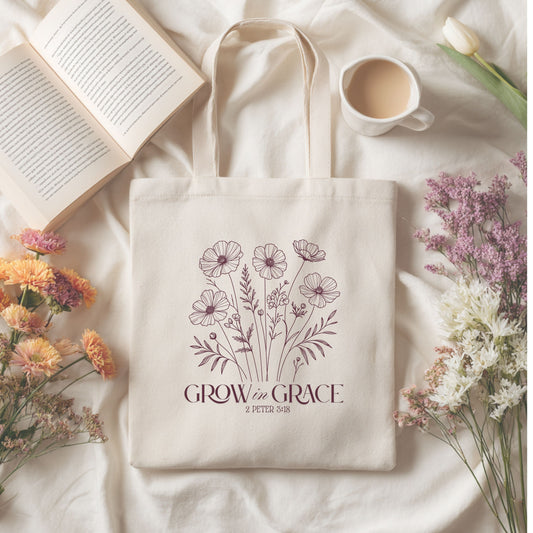 Canvas Tote Bag – Grow in Grace Tote Bag- Eco-Friendly, Durable, Everyday Shoulder Bag for Shopping, Work & Travel