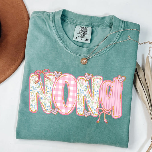 Retro Nona Coquette Shirt - Vintage Floral & Gingham Nona T-Shirt- Nona Mother's Day Gift - Floral Pink Gingham Nona Shirt for Grandmother