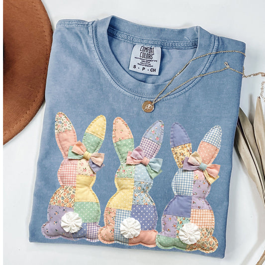 Faux Patchwork Easter Bunny Shirt, Comfort Colors® Floral Rabbit Tee, Vintage Quilt Style Spring Top, Cottagecore Coquette Easter Gift Women