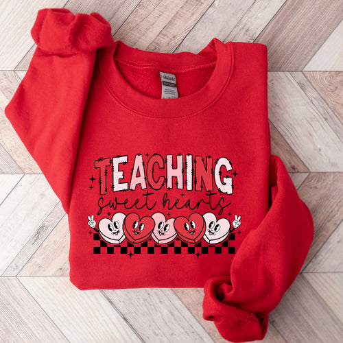 Retro Teacher Valentine’s Day Sweatshirt - Teaching Sweethearts Groovy Hearts Pullover