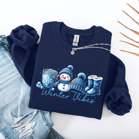 Winter Vibes Snowman Sweatshirt, Faux Embroidery Look Winter Crewneck, Cozy Blue Snowman Sweater, Winter Hot Cocoa Hoodie,Snowflake Pullover