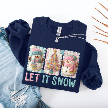Coquette Let It Snow Sweatshirt | Faux Embroidery Look DTF Print Snowman Crewneck | Pastel Winter Aesthetic Sweater | Cozy Winter Soft Girl