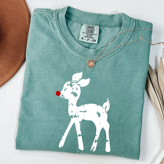Vintage Rudolph Reindeer Christmas T-Shirt, Retro Holiday Graphic Tee, Cute Red Nose Deer Shirt, Festive Winter Comfort Colors Shirt, Xmas