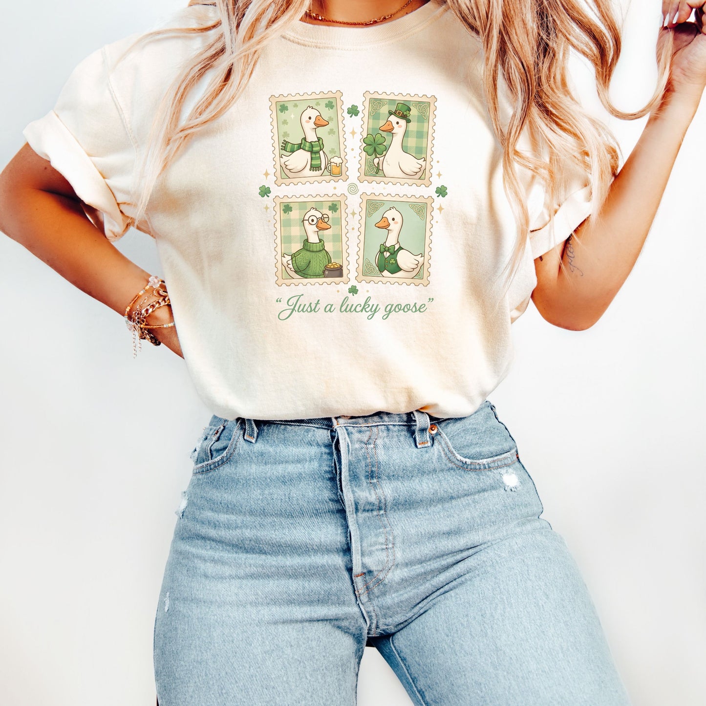 Silly Goose St Patrick's Day Shirt, Funny Lucky Clover Tee, Festive Irish Goose Stamp Shirt, Retro St Pattys Day Gift