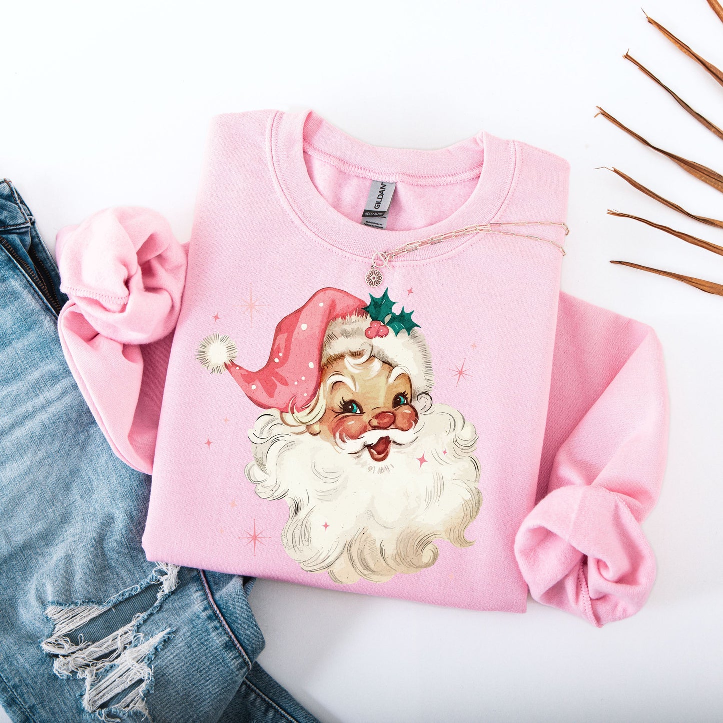 Pink Santa Retro Christmas T-Shirts Sweatshirts for Women Pink Christmas Matching Family Sweaters Pink Vintage Holiday Crewneck Group Party