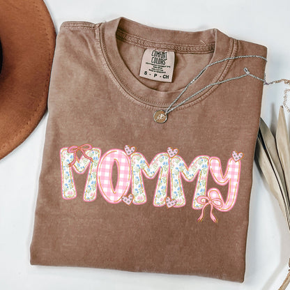 Mother's Day Gift - Mommy Floral Gingham Shirt - Trendy Coquette Mommy Tee- Pink Gingham & Floral Bow Mommy T-Shirt
