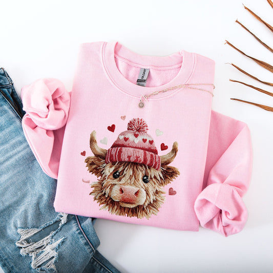 Faux Yarn Cozy Cowgirl Cow Sweatshirt, Valentine's Day  Cow Shirt, Rustic Farm Pullover, Cute Cow Lover Gift, Heart Beanie Hoodie