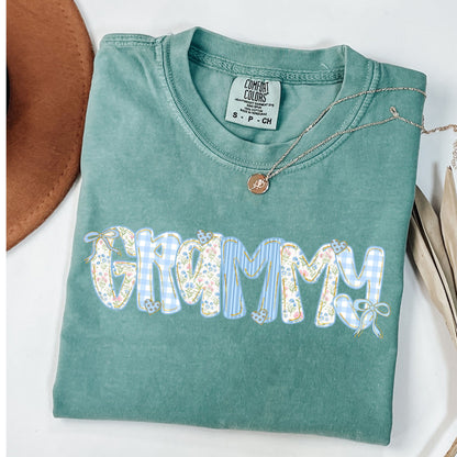 The Perfect Grammy Gift - Blue Floral Gingham "Grammy" Tee -  New Grandma Reveal Shirt - "Grammy" Floral Print Tee - Gift for Nana -  Special Birthday Gift for Grandma