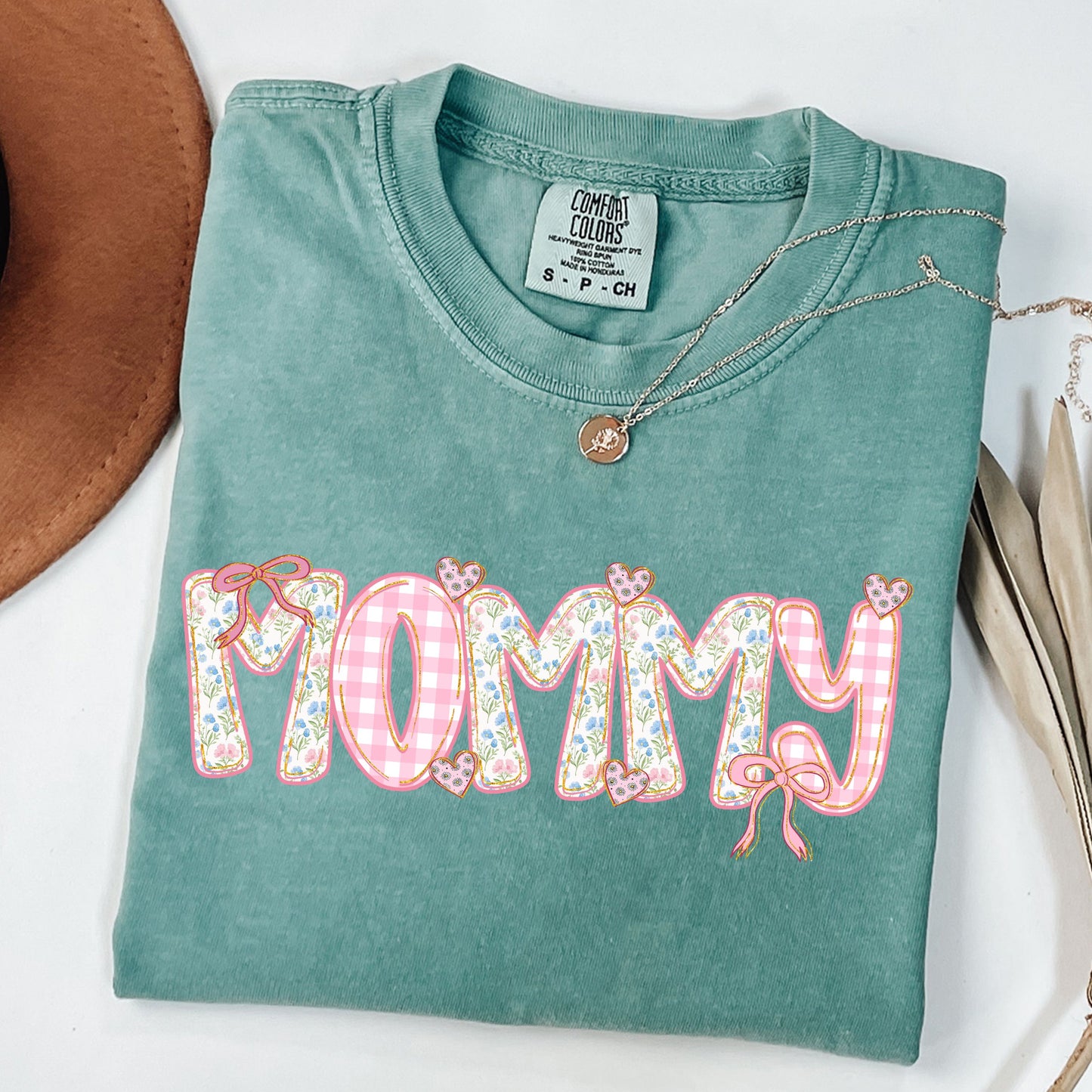 Mother's Day Gift - Mommy Floral Gingham Shirt - Trendy Coquette Mommy Tee- Pink Gingham & Floral Bow Mommy T-Shirt