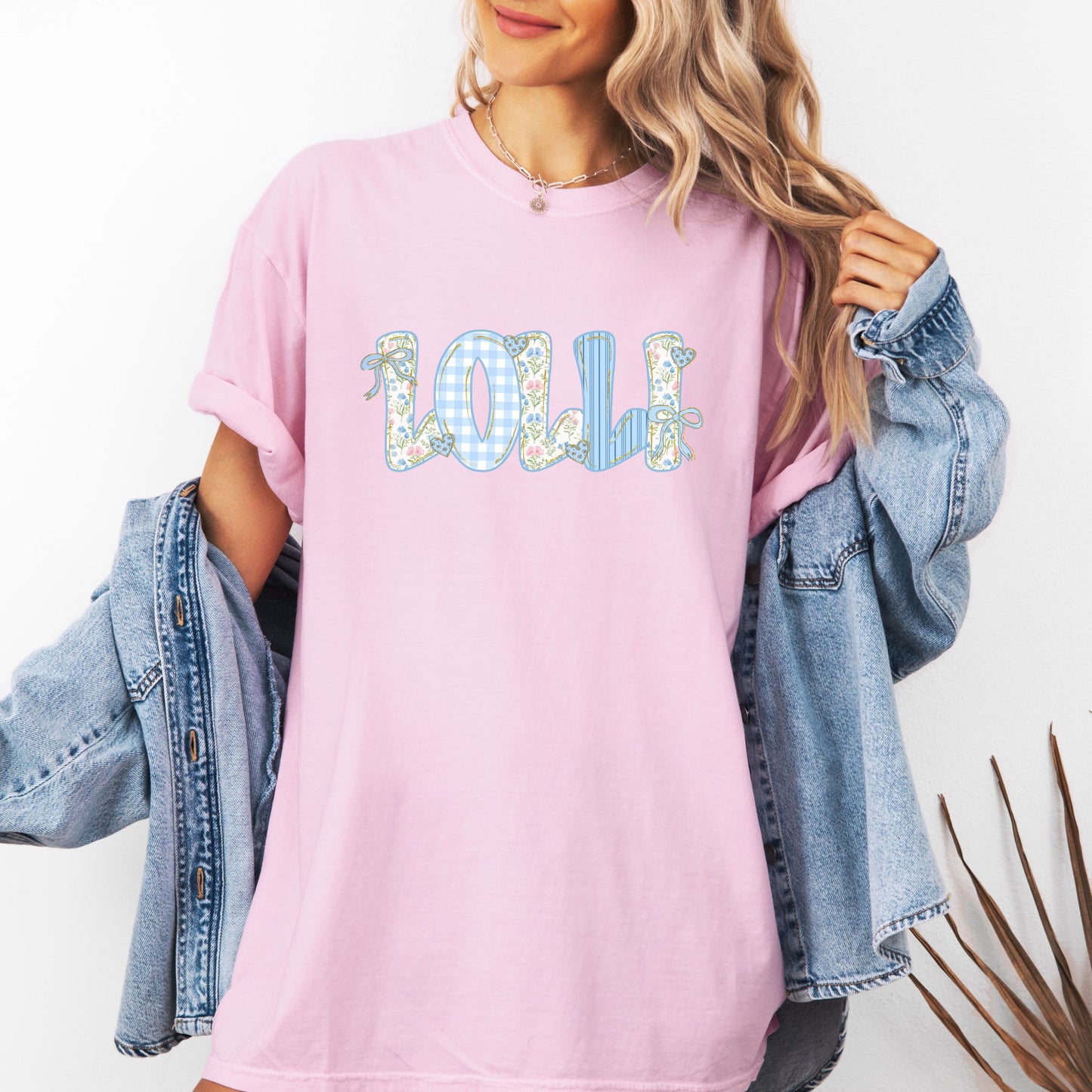 Vintage Floral Lolli Tee - Coquette Blue Gingham Grandma Shirt -Grandma Birthday Present
