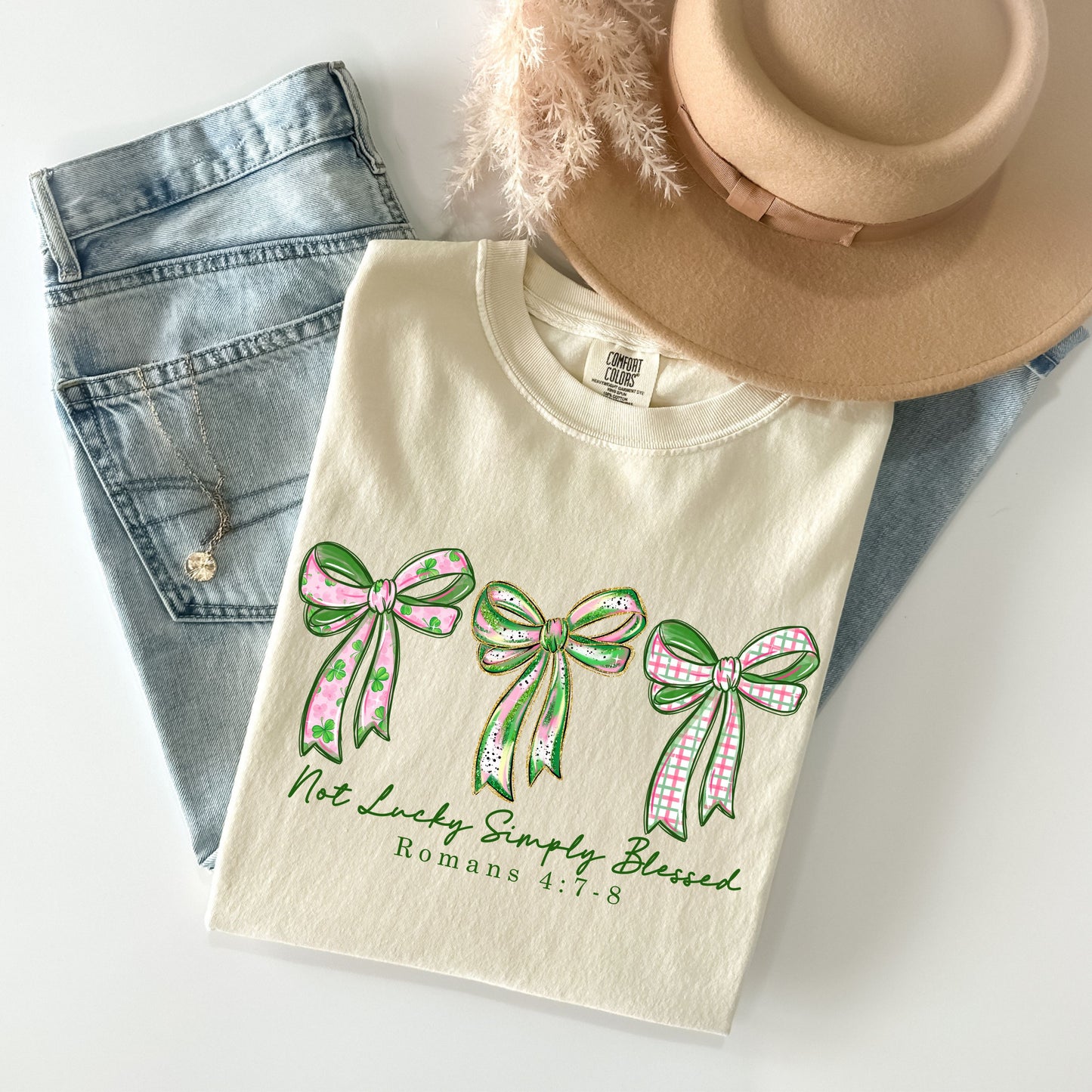 Not Lucky Simply Blessed Shirt, Christian St Patrick’s Day Tee, Romans 4:7-8 Bible Verse Shirt, Faith Bow Graphic Tee, Lucky Charm T-Shirt