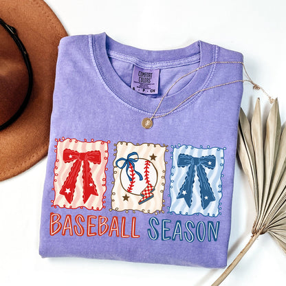 Coquette Baseball Season Comfort Colors T-Shirt | Retro Bows & Baseball Graphic Tee