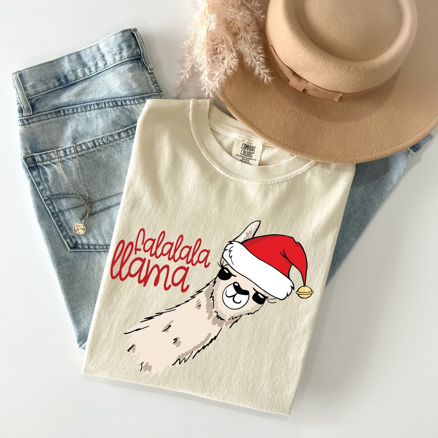 Falalala Llama Christmas Shirt, Funny Hand Drawn Llama  Santa Hat Sweatshirt, Cute Holiday Comfort Colors Tee, Festive Christmas Llama Shirt