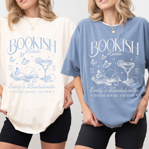 Whimsical Bookish Bride Babe Bachelorette Shirts, Custom Bridal Party Sweatshirts Books Booze and I Do’s Party Shirts Personalized Bride Tee