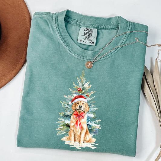 Watercolor Christmas Golden Retriever Dog Santa Hat Shirt, Coquette Preppy Drew Doodles Christmas Tree, Comfort Colors® Christmas Dog Shirt