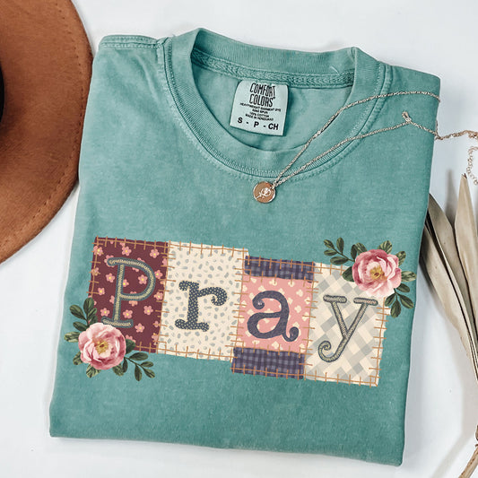 PRAY Faux Patchwork T-Shirt | Floral Faith Shirt | Christian Gift | Vintage Quilted Look Scripture Tee | Comfort Colors Prayer Shirt