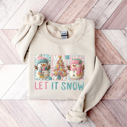 Coquette Let It Snow Sweatshirt | Faux Embroidery Look DTF Print Snowman Crewneck | Pastel Winter Aesthetic Sweater | Cozy Winter Soft Girl