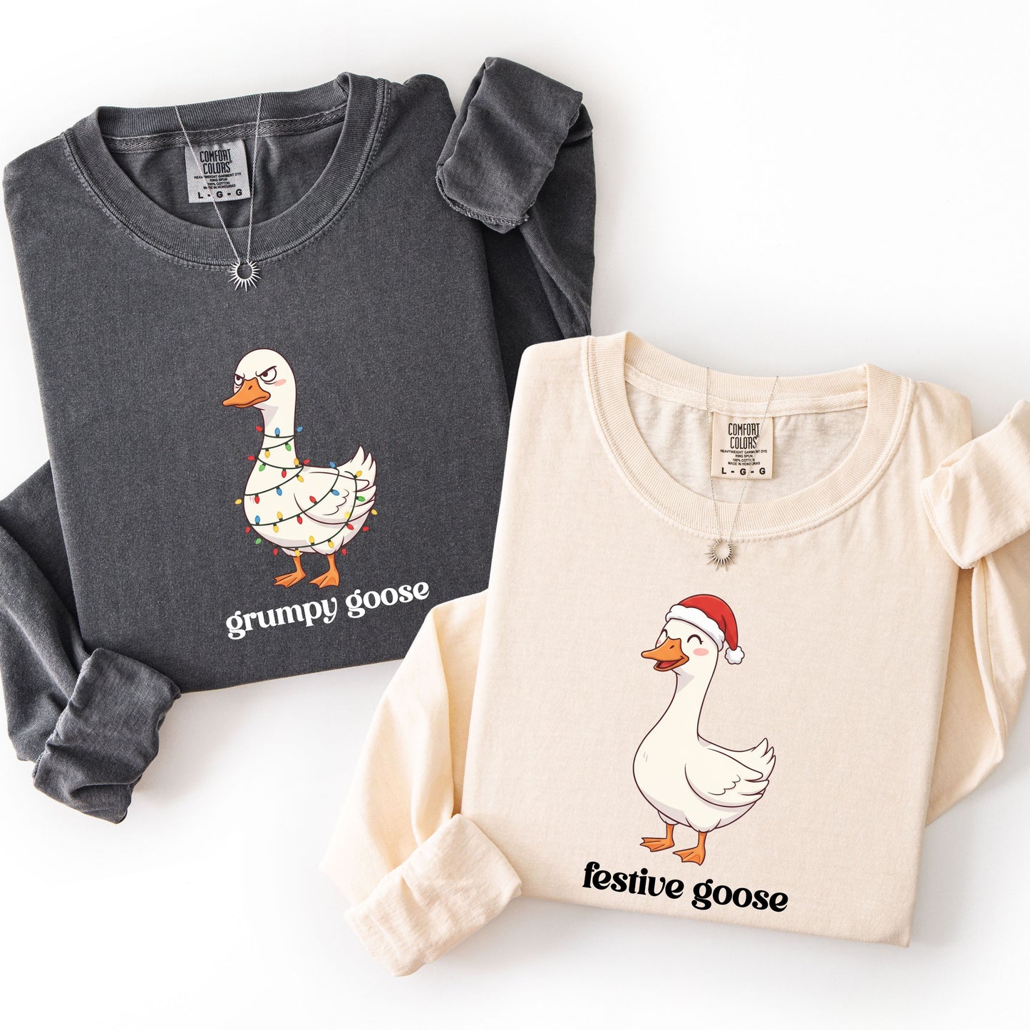 Comfort Colors® Funny Christmas Couple Long Sleeve Shirt, Matching Festive Goose & Grumpy Goose Tee, Holiday Husband Wife Gift, Humor Xmas